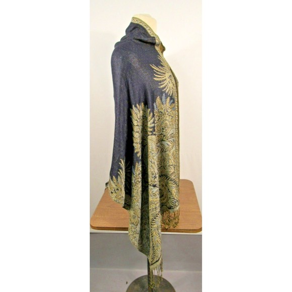 Vtg Boho Indigo Blue Paisley Shawl Wrap Gold Metallic Lame Textile - Picture 3 of 12